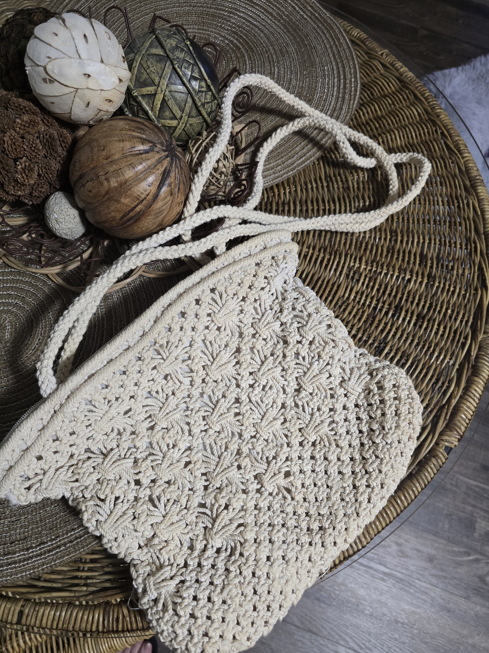 Hand Crafted Cream Crochet Shoulder Bag with Braided Straps